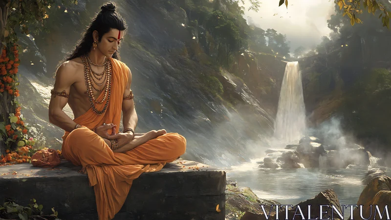 Meditating ascetic sits beside misty waterfall in forest valley