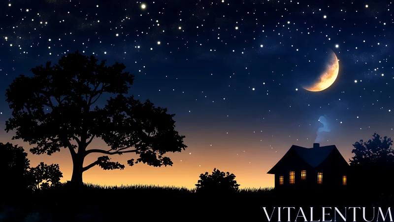 Crescent moon twilight sky over rural cottage and tree silhouettes