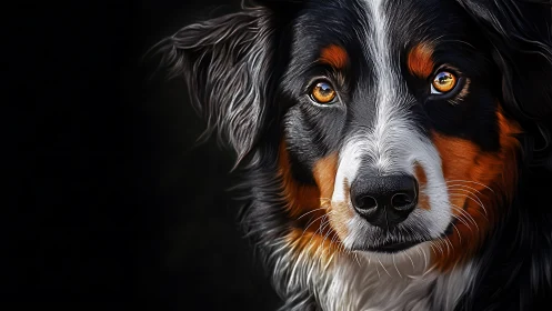 Copper-eyed mountain dog quietly carves light from shadow