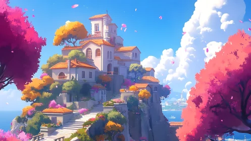 Hilltop Estate Among Crimson Blossoms and Azure Skies.