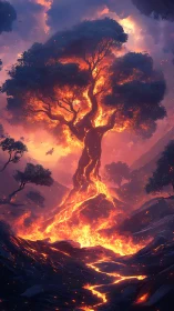 Burning Tree Rising From Lava and Volcanic Landscape.