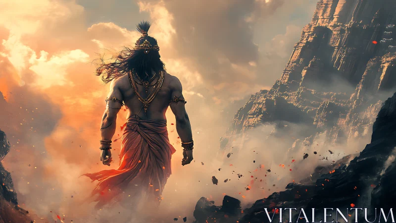 Warrior demigod strides through burning volcanic pass