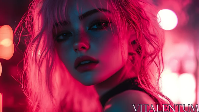 Neon lit portrait of young woman in pink and blue light.