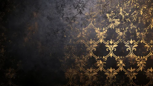 Gold ornamental pattern on dark textured background surface.