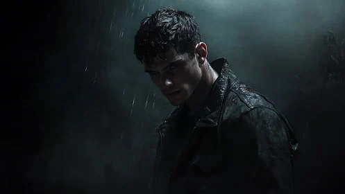 Photorealistic noir portrait in cinematic low key lighting.