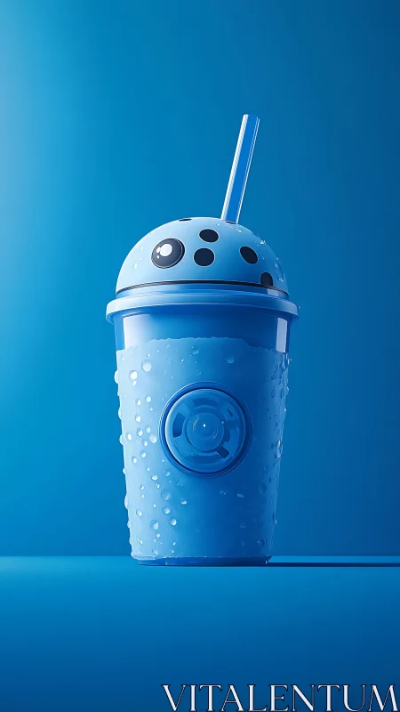 Monochrome blue plastic drink cup with droplets under hard key light