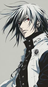 Monochrome anime portrait shows silver-haired figure with red eyes
