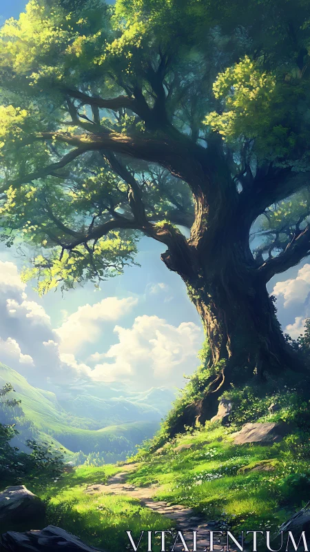 Sunlit hillside path beneath a towering storybook tree.