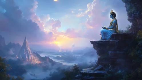 Divine figure meditates above a misty temple valley at dawn