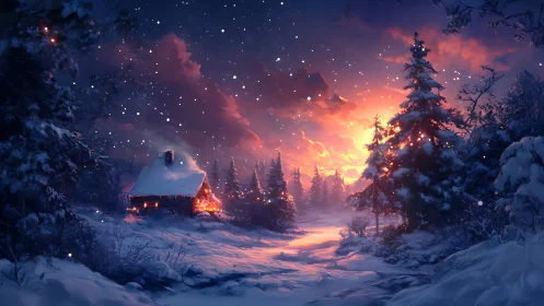 Cozy winter cabin glowing softly beneath a dreamy sunset.