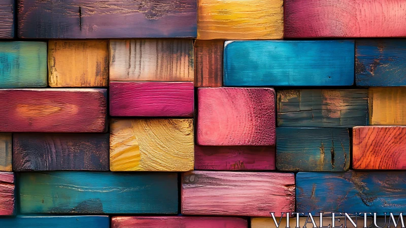 Colorful stacked wooden blocks create bold textured wall.