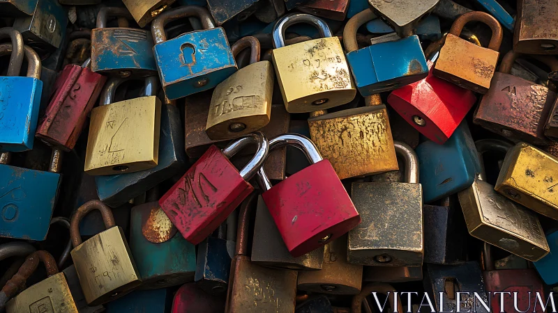 Pile of weathered colorful padlocks fills the entire frame