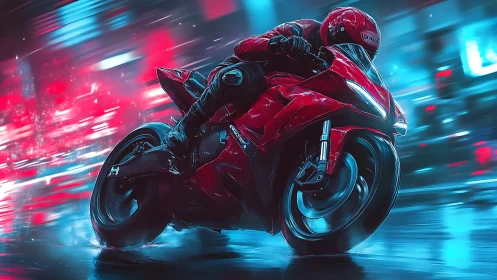 Neon night rider carving bright trails through the city.