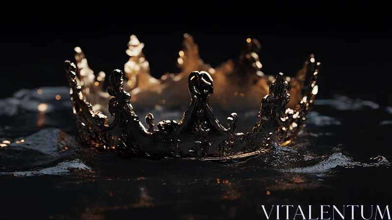 Molten gold crown rising from dark reflective water.
