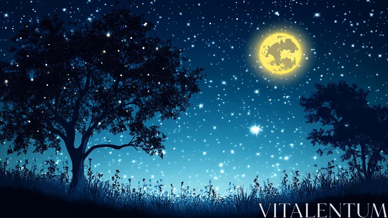 Nocturnal meadow silhouette under luminous stellar canopy.