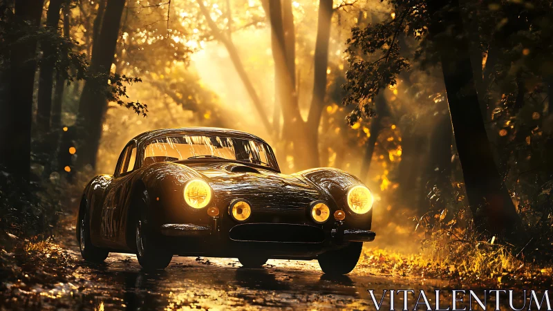 Vintage sports car sits on wet forest road in golden light