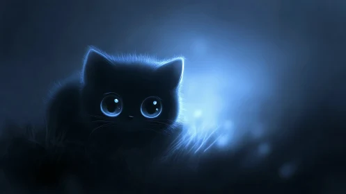 Black cat with luminescent blue eyes in dark environment.