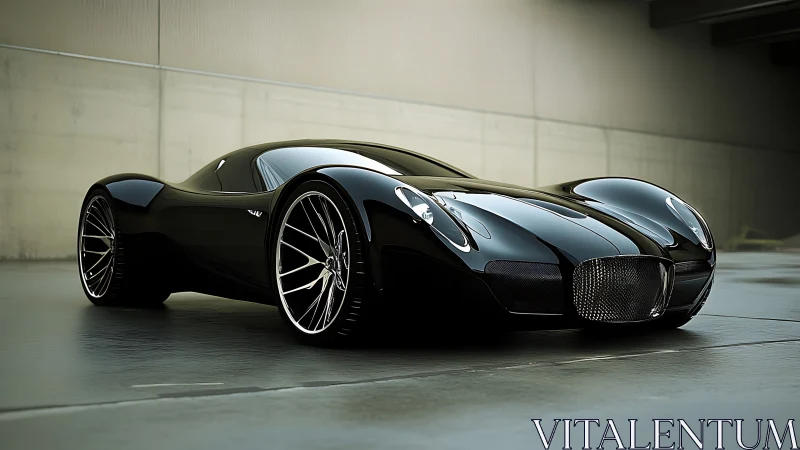 Black streamlined concept car in minimal urban setting.