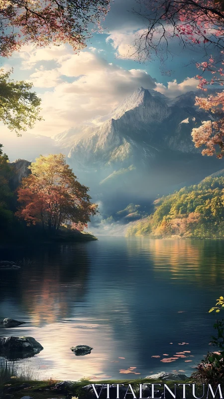 Majestic mountain lake basks in soft autumn afternoon light.