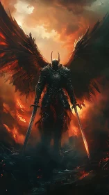 Fierce winged warrior rising from glowing fiery shadows.