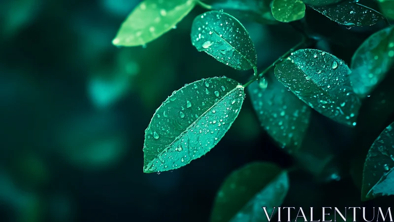 Close-up of green leaves with fresh raindrops at night.