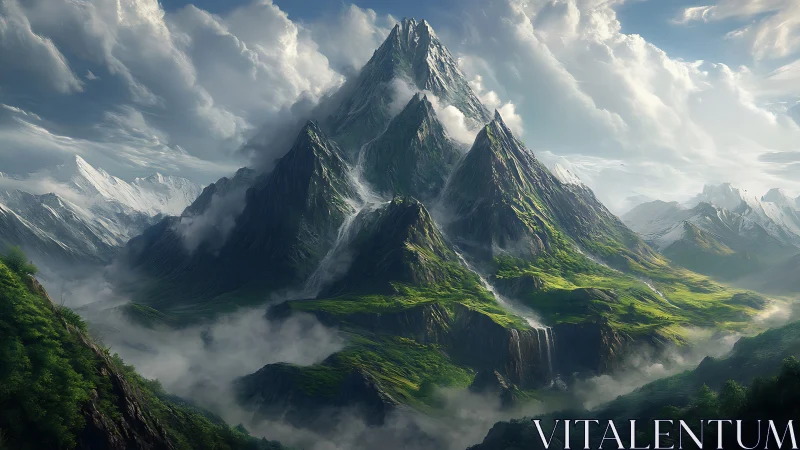 Towering green mountain range under dramatic cloudy sky.