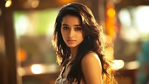 Sunlit portrait of young woman in warm bokeh ambiance.