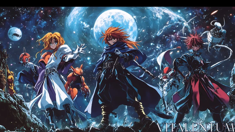 Anime warriors stand on rocky alien world under starry sky.