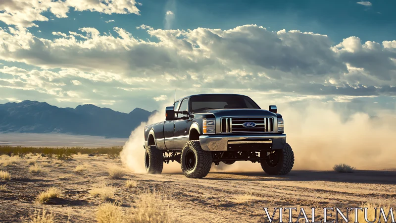 Lifted desert pickup powers through golden dust clouds.