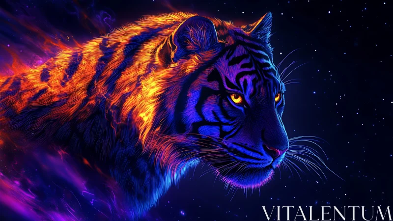 Neon cosmic tiger head burns through deep starry void