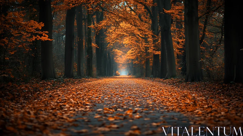 Autumn Forest Corridor with Golden Foliage and Atmospheric Depth.