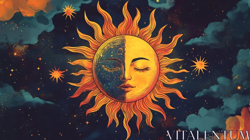 Dreamy sun and moon face resting in a painted night sky.