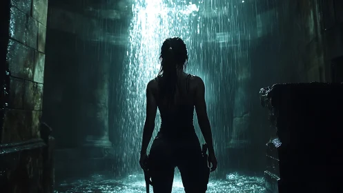 Silhouetted adventurer under cascading light in ruins.