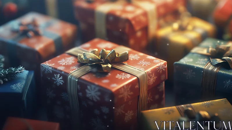 Shallow-depth closeup of ribboned snowflake holiday parcels.