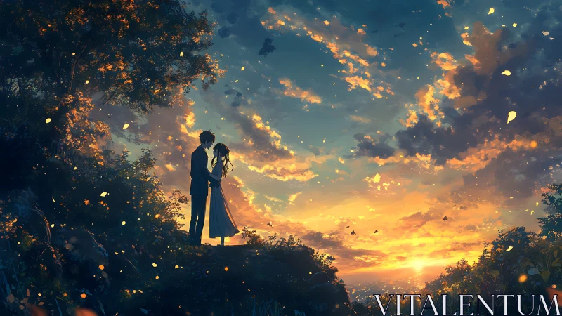 Romantic couple silhouette under vivid sunset sky.