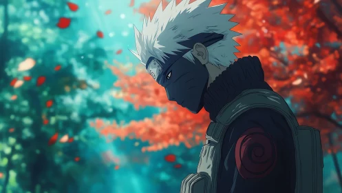 Masked anime warrior walks through glowing autumn forest.