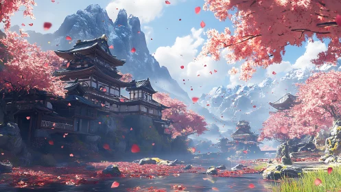 Cherry blossom temples in serene mountain valley landscape.