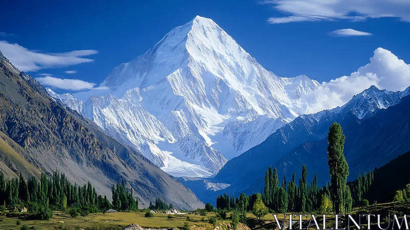 Snowy mountain peak above green valley under blue sky.