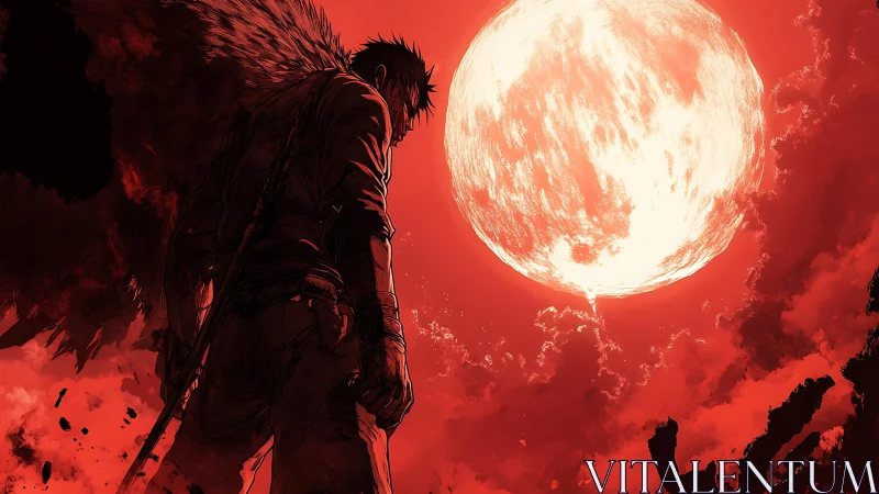 Backlit warrior silhouette confronts colossal apocalyptic moon