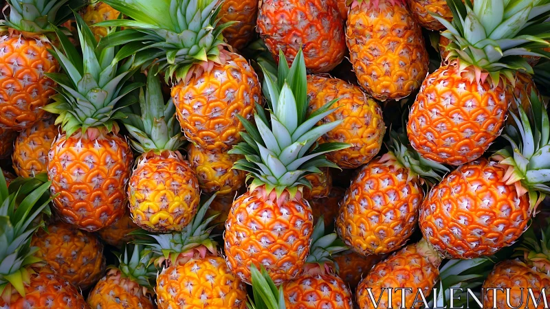 Fresh ripe pineapples tightly stacked in vivid detail.