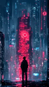 Lone figure facing neon red tower in dense cyberpunk city.