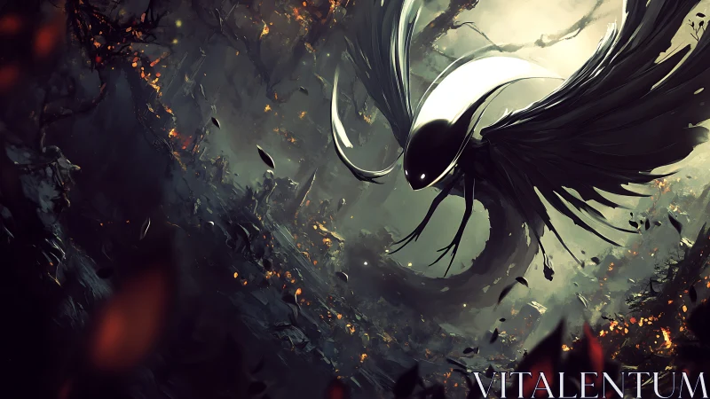 Mysterious winged spirit drifting through a burning dusk forest.