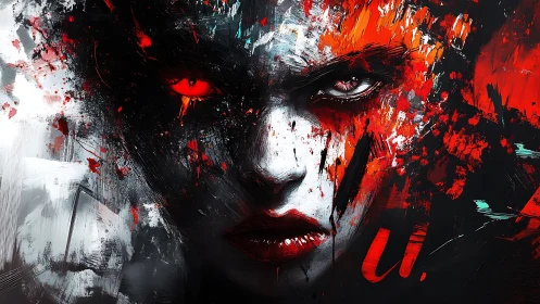 Intense red and white abstract portrait of fierce face