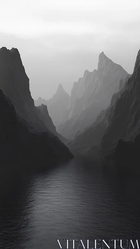 Monochrome fjord corridor with layered atmospheric perspective and mist