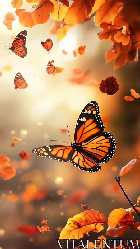 Monarch butterflies move among orange autumn foliage