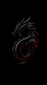 Sleek midnight dragon coiled in glowing crimson shadows.