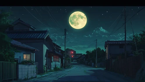Quiet residential street under a large full moon at night.
