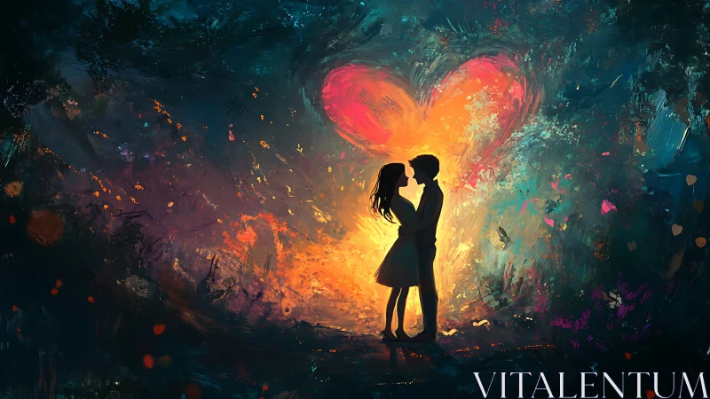 Silhouetted Couple Embraced by Luminous Heart.