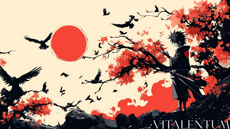 Lone shinobi gazes at crimson sun amid swirling crows.