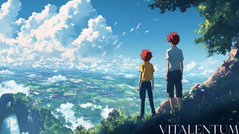 Two red haired kids on cliff overlooking wide valley